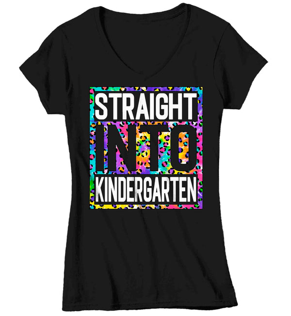 Women's V-Neck Kindergarten Teacher Shirt Colorful Leopard Straight Into Kindergarten T Shirt Cute Back To School Shirt Teacher Gift TShirts-Shirts By Sarah