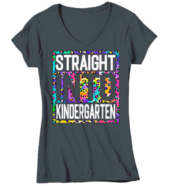 Women's V-Neck Kindergarten Teacher Shirt Colorful Leopard Straight Into Kindergarten T Shirt Cute Back To School Shirt Teacher Gift TShirts-Shirts By Sarah