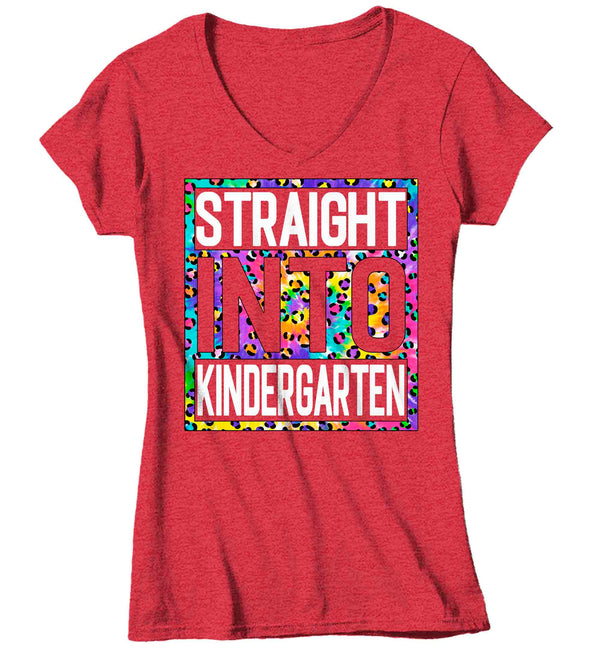 Women's V-Neck Kindergarten Teacher Shirt Colorful Leopard Straight Into Kindergarten T Shirt Cute Back To School Shirt Teacher Gift TShirts-Shirts By Sarah