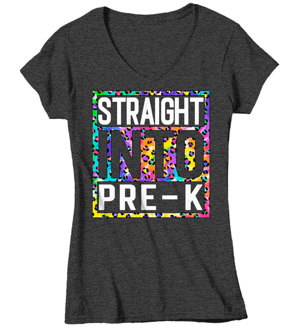 Women's V-Neck Pre-K Teacher Shirt Colorful Leopard Straight Into Pre Kindergarten T Shirt Cute Back To School Shirt PreK Teacher Gift TShirt-Shirts By Sarah