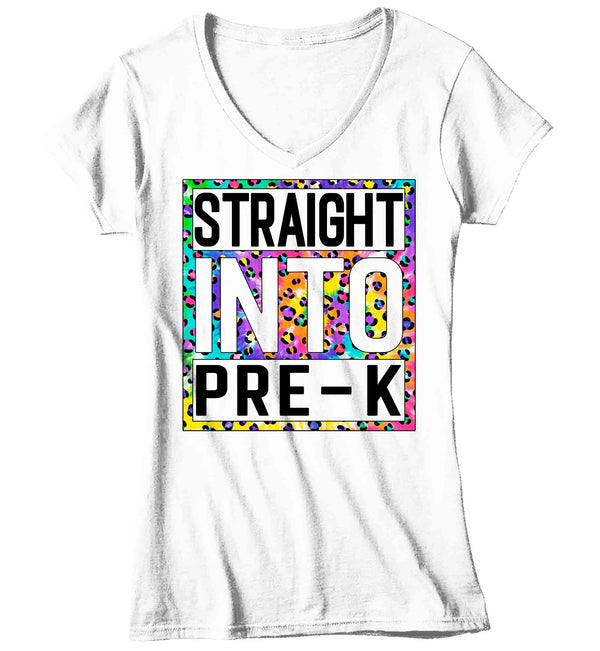 Women's V-Neck Pre-K Teacher Shirt Colorful Leopard Straight Into Pre Kindergarten T Shirt Cute Back To School Shirt PreK Teacher Gift TShirt-Shirts By Sarah