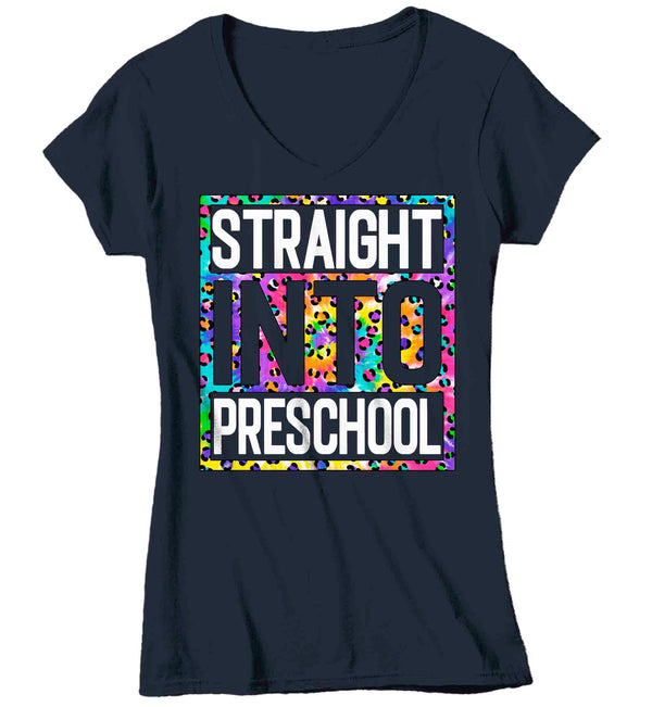 Women's V-Neck Preschool Teacher Shirt Colorful Leopard Straight Into Preschool T Shirt Cute Back To School Shirt Preschool Teacher Gift TShirts-Shirts By Sarah