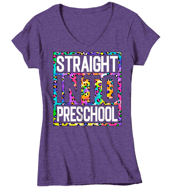 Women's V-Neck Preschool Teacher Shirt Colorful Leopard Straight Into Preschool T Shirt Cute Back To School Shirt Preschool Teacher Gift TShirts-Shirts By Sarah