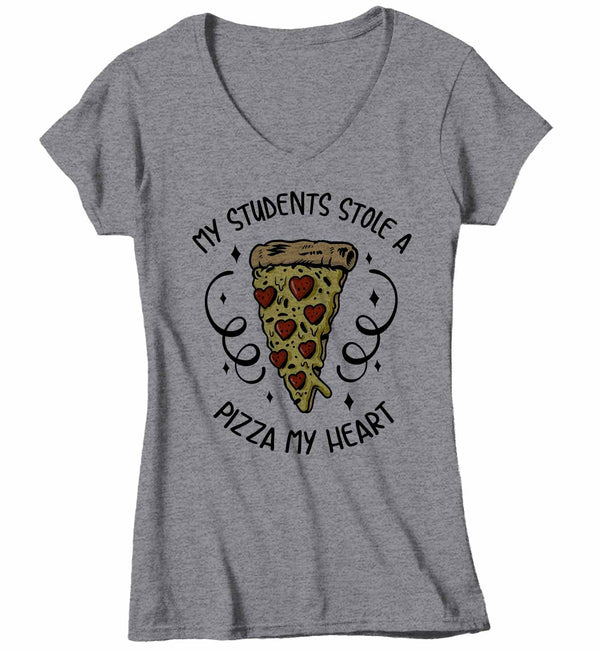 Women's V-Neck Teacher T Shirt Valentine's Day Teacher Shirts Students Stole Pizza My Heart Valentines TShirt Cute Teacher Tee-Shirts By Sarah