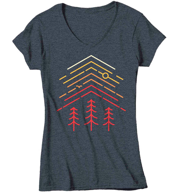 Women's V-Neck Camping Tee Hipster Shirt Camper Shirts Camp Tent Forest Shirts Hipster Nature Shirt T Shirts Line Art Geometric Graphic Tee-Shirts By Sarah