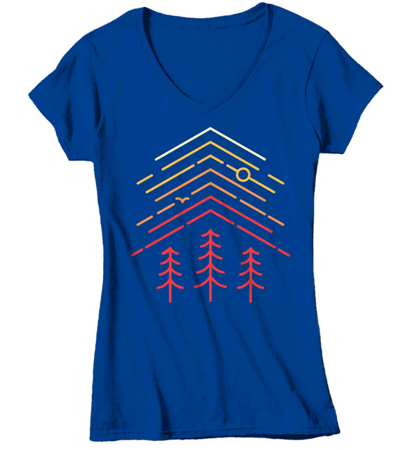 Women's V-Neck Camping Tee Hipster Shirt Camper Shirts Camp Tent Forest Shirts Hipster Nature Shirt T Shirts Line Art Geometric Graphic Tee-Shirts By Sarah