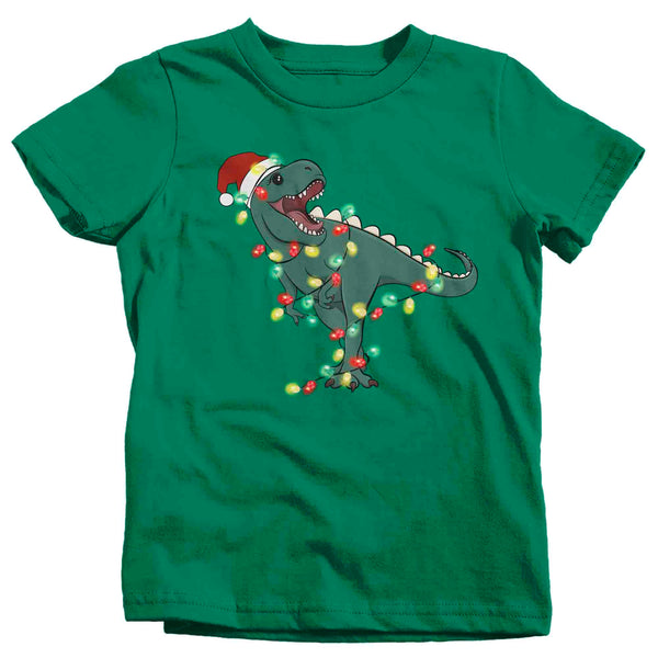Kids Christmas Shirt T-Rex XMas Lights T Shirt Tyrannosaurus Tee Tree Lights Santa Hat Dinosaur Holiday Funny Graphic Tshirt Unisex Youth-Shirts By Sarah