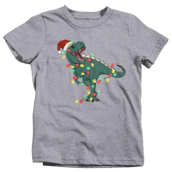 Kids Christmas Shirt T-Rex XMas Lights T Shirt Tyrannosaurus Tee Tree Lights Santa Hat Dinosaur Holiday Funny Graphic Tshirt Unisex Youth-Shirts By Sarah