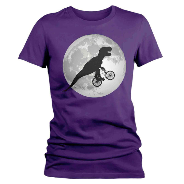 Women's Funny T Rex Shirt Bicycle T Shirt TRex Riding Bike Over Moon Hipster Shirt Dinosaur Geek Gift Idea Ladies V-Neck Graphic Tee-Shirts By Sarah