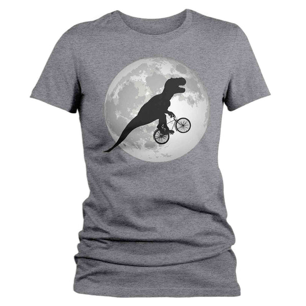 Women's Funny T Rex Shirt Bicycle T Shirt TRex Riding Bike Over Moon Hipster Shirt Dinosaur Geek Gift Idea Ladies V-Neck Graphic Tee-Shirts By Sarah