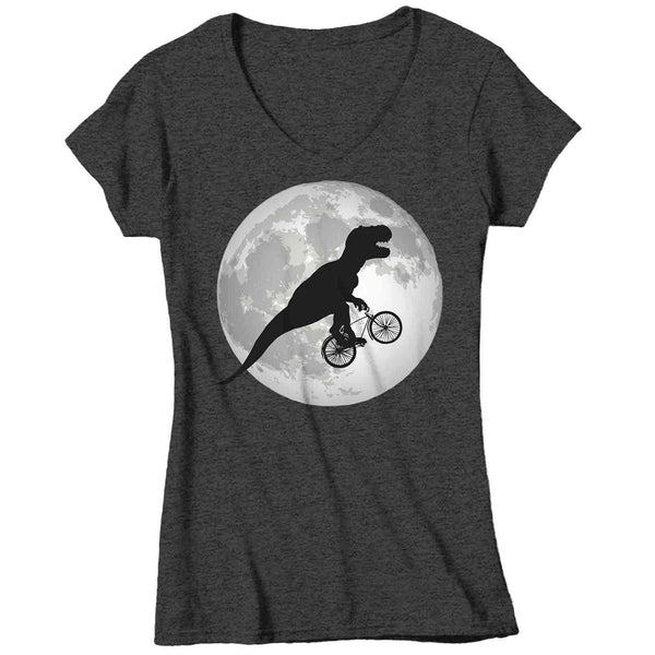 Women's V-Neck Funny T Rex Shirt Bicycle T Shirt TRex Riding Bike Over Moon Hipster Shirt Dinosaur Geek Gift Idea Ladies V-Neck Graphic Tee-Shirts By Sarah