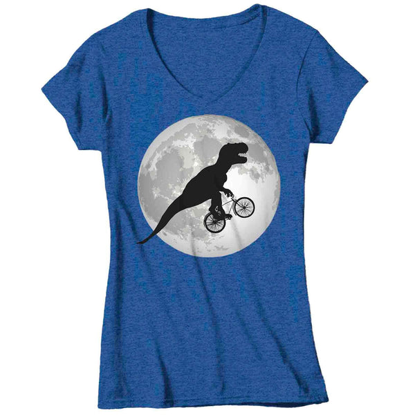 Women's V-Neck Funny T Rex Shirt Bicycle T Shirt TRex Riding Bike Over Moon Hipster Shirt Dinosaur Geek Gift Idea Ladies V-Neck Graphic Tee-Shirts By Sarah