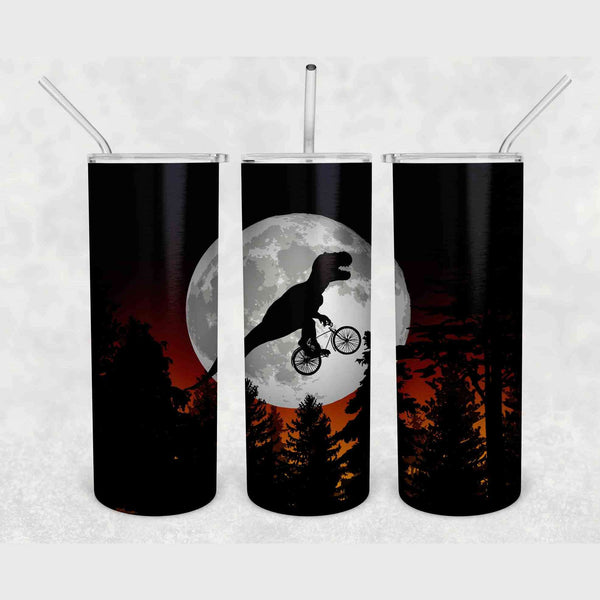 T Rex Riding Bike Tumbler With Stainless Steel Straw Skinny Tumbler Forest Moon Bicycle Geek Gift Idea Water Mug Cold Hot Vacuum Lid-Shirts By Sarah