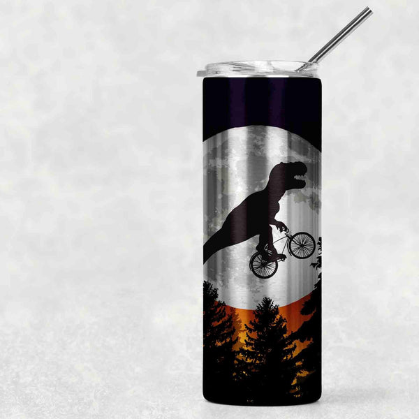 T Rex Riding Bike Tumbler With Stainless Steel Straw Skinny Tumbler Forest Moon Bicycle Geek Gift Idea Water Mug Cold Hot Vacuum Lid-Shirts By Sarah