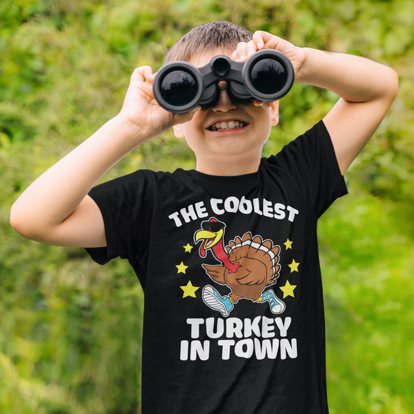 Kids Funny Thanksgiving Tee Coolest Turkey In TownShirt Humor Tom Turkey Hilarious Holiday T Shirt Unisex Soft Graphic TShirt-Shirts By Sarah