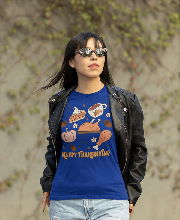 Women's Cute Retro Thanksgiving T Shirt Happy Turkey Day Shirts Leaves Flowers Icons Vintage Groovy Graphic Tee Ladies-Shirts By Sarah