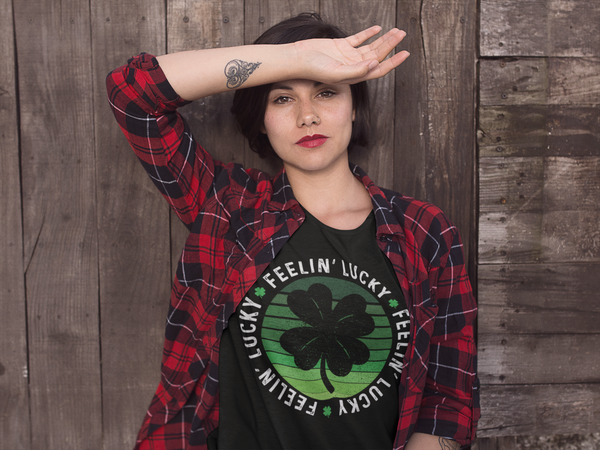 Women's Funny St. Patrick's Day Shirt Feelin' Lucky 4 Leaf Clover Lucky Patty's Irish Retro Vintage Grunge Luck Ireland Ladies-Shirts By Sarah