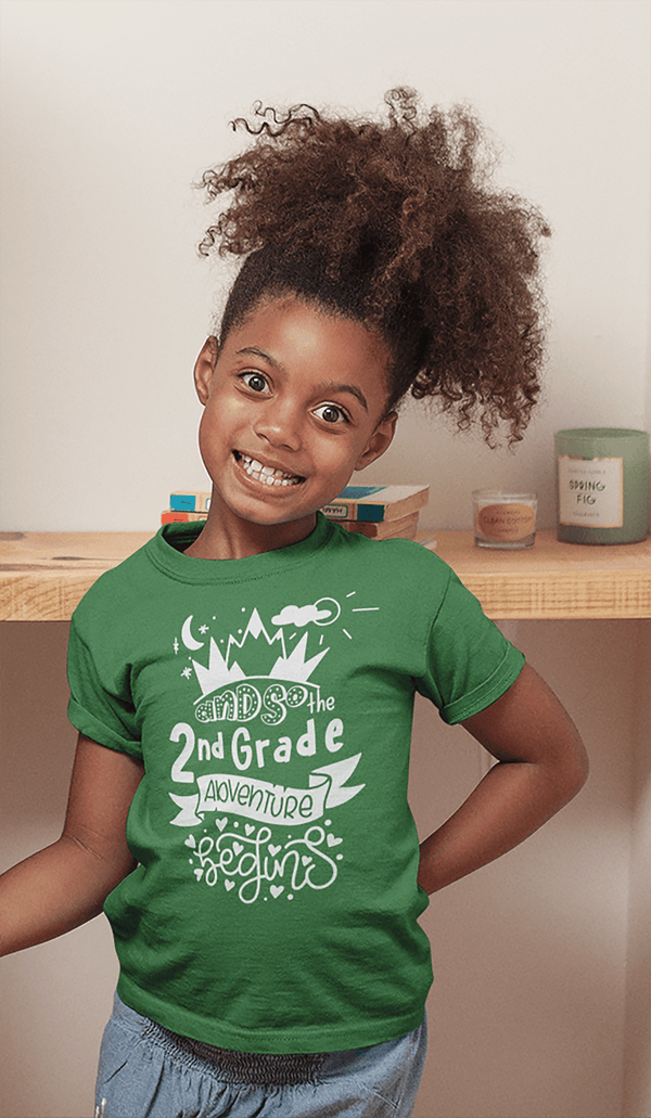 Kids Cute 2nd Grade T Shirt Typography Adventure Begins Shirt Boy's Girl's Second Grade Back To School TShirt-Shirts By Sarah