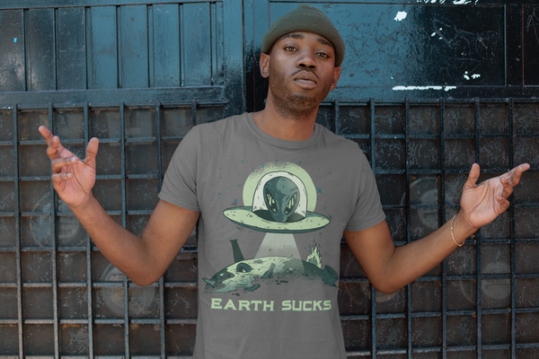 Men's Alien T-Shirt Earth Sucks Shirt Space Shirts Graphic Tee Aliens Celestial Shirts UFO Tshirt-Shirts By Sarah