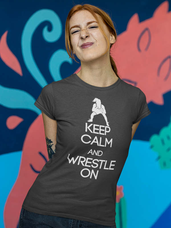 Women's Female Wrestling Shirt Keep Calm Wrestle On T-Shirt Girls Wrestling T Shirts Wrestler Gift Tee High School Ladies-Shirts By Sarah