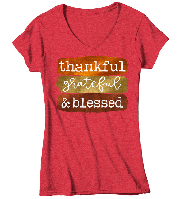 Women's V-Neck Blessed T Shirt Thanksgiving Shirt Fall Brush Strokes Shirt Thankful Grateful Blessed Boho Cute Fall Season Tee-Shirts By Sarah