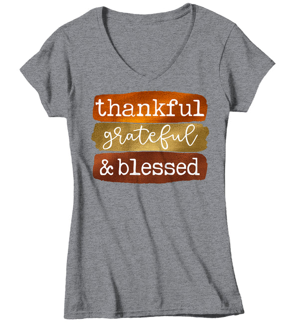 Women's V-Neck Blessed T Shirt Thanksgiving Shirt Fall Brush Strokes Shirt Thankful Grateful Blessed Boho Cute Fall Season Tee-Shirts By Sarah