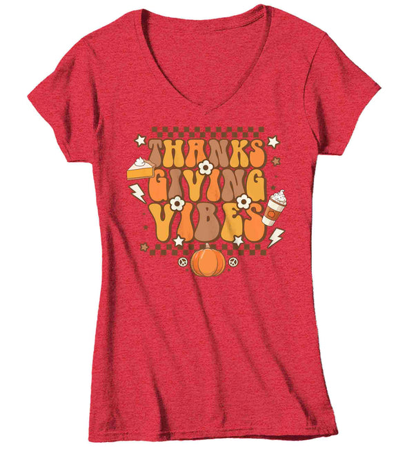 Women's V-Neck Funny Thanksgiving T-Shirt Retro Vibes Shirt Thanks Giving Tee Vintage Turkey Day Festive Holiday Graphic Tshirt Ladies-Shirts By Sarah