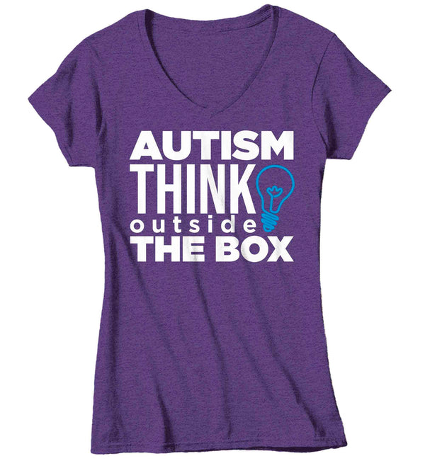 Women's V-Neck Autism T Shirt Think Outside The Box Shirt Awareness T-Shirt Spectrum Disorder TShirt Autistic Lightbulb Tee Ladies Woman-Shirts By Sarah