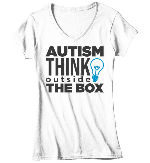 Women's V-Neck Autism T Shirt Think Outside The Box Shirt Awareness T-Shirt Spectrum Disorder TShirt Autistic Lightbulb Tee Ladies Woman-Shirts By Sarah