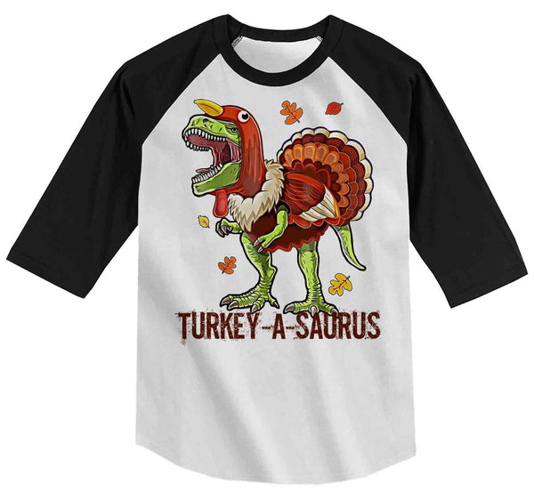 Kids Funny Thanksgiving T Shirt Turkey A Saurus Shirts Turkey Shirt Thanksgiving Shirt Funny Raglan Shirts TRex Shirt-Shirts By Sarah