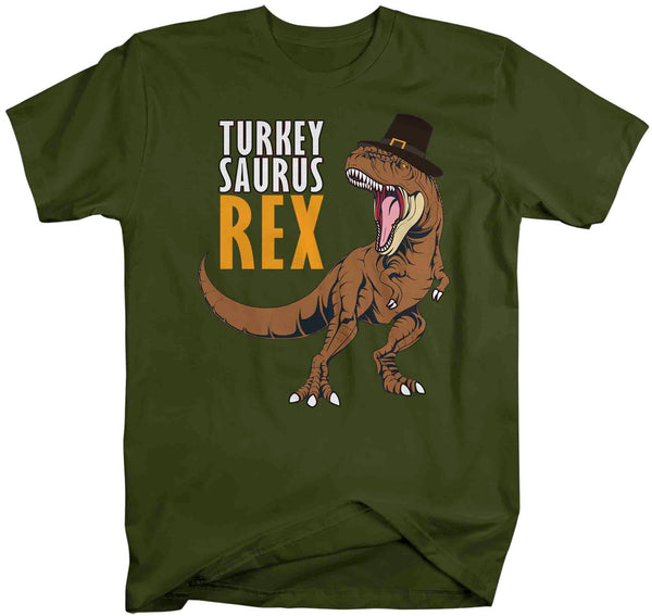 Men's Funny Thanksgiving Tee Turkey Saurus Rex Shirts Turkey Day Pilgrim Hat TShirt Holiday Dinosaur T Rex Unisex Soft Graphic Shirt-Shirts By Sarah
