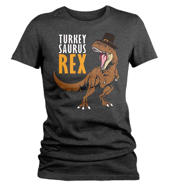 Women's Funny Thanksgiving Tee Turkey Saurus Rex Shirts Turkey Day Pilgrim Hat TShirt Holiday Dinosaur T Rex Ladies Soft Graphic Shirt-Shirts By Sarah