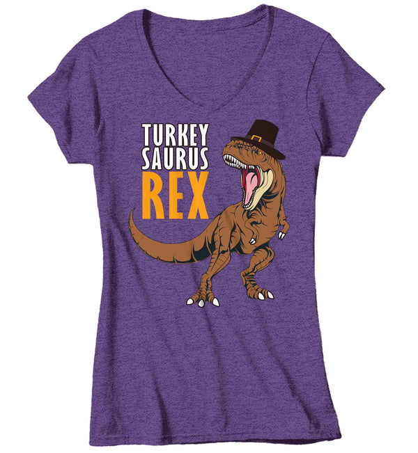 Women's V-Neck Funny Thanksgiving Tee Turkey Saurus Rex Shirts Turkey Day Pilgrim Hat TShirt Holiday Dinosaur T Rex Ladies Soft Graphic Shirt-Shirts By Sarah