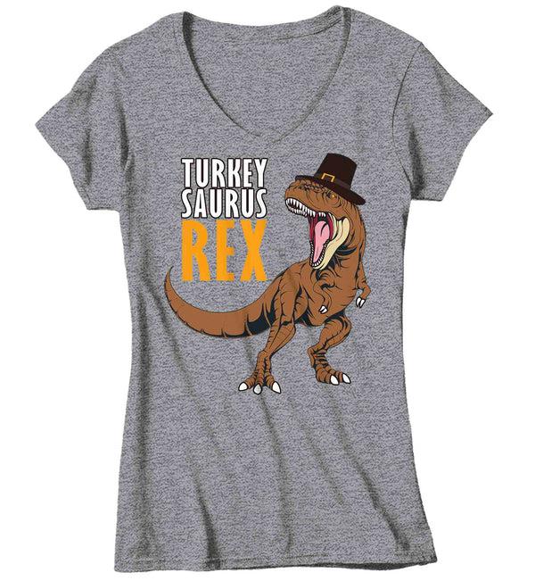 Women's V-Neck Funny Thanksgiving Tee Turkey Saurus Rex Shirts Turkey Day Pilgrim Hat TShirt Holiday Dinosaur T Rex Ladies Soft Graphic Shirt-Shirts By Sarah