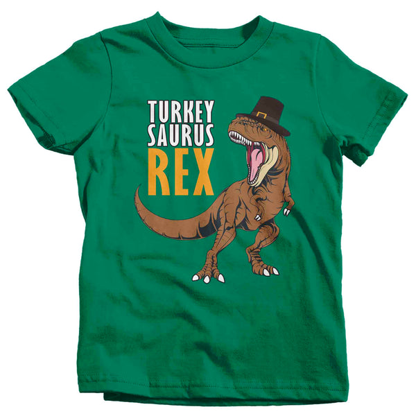 Kids Funny Thanksgiving Tee Turkey Saurus Rex Shirts Turkey Day Pilgrim Hat TShirt Holiday Dinosaur T Rex Unisex Soft Graphic Shirt-Shirts By Sarah