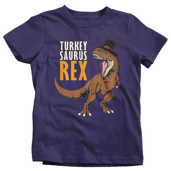 Kids Funny Thanksgiving Tee Turkey Saurus Rex Shirts Turkey Day Pilgrim Hat TShirt Holiday Dinosaur T Rex Unisex Soft Graphic Shirt-Shirts By Sarah