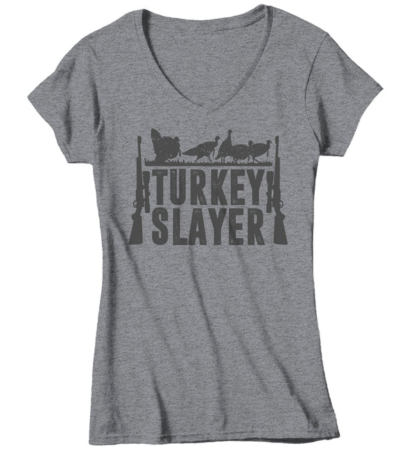 Women's V-Neck Funny Hunter T Shirt Thanksgiving Shirt Turkey Slayer Shirt Turkey Hunting Tshirt Thanksgiving T-Shirt-Shirts By Sarah