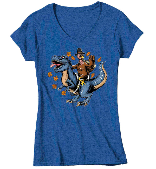 Women's V-Neck Funny Thanksgiving T Shirt T Rex Turkey Shirt TRex Turkey Day T Shirt Thanksgiving Shirts Ladies Dinosaur Hipster Soft Graphic Tee-Shirts By Sarah
