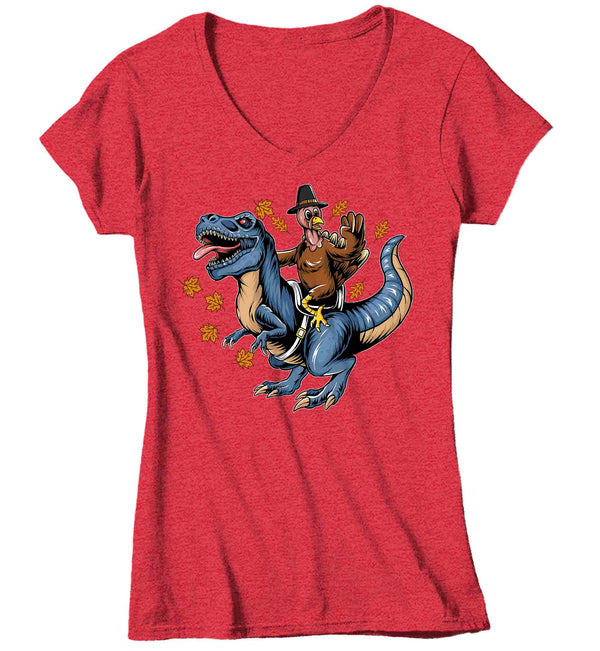 Women's V-Neck Funny Thanksgiving T Shirt T Rex Turkey Shirt TRex Turkey Day T Shirt Thanksgiving Shirts Ladies Dinosaur Hipster Soft Graphic Tee-Shirts By Sarah
