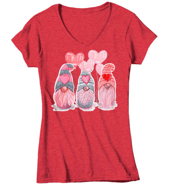 Women's V-Neck Valentines Gnome Shirt Cute Valentine's Day T Shirt Adorable Gnomies Tee Heart Love Tee Ladies V Neck Tshirt-Shirts By Sarah