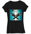 Women's V-Neck Plumber Shirt Pipe Wrench T Shirt Vintage Plumber Tee Plumber Gift Shirt for Plumber Ladies Tee Pipe Union Worker