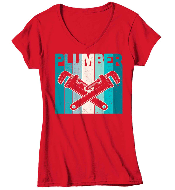 Women's V-Neck Plumber Shirt Pipe Wrench T Shirt Vintage Plumber Tee Plumber Gift Shirt for Plumber Ladies Tee Pipe Union Worker-Shirts By Sarah