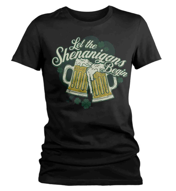 Women's Funny Shenanigans Shirt St. Patrick's Day T Shirt Begin Beer Mugs Cheers Party Tshirt Graphic Tee Streetwear Ladies-Shirts By Sarah