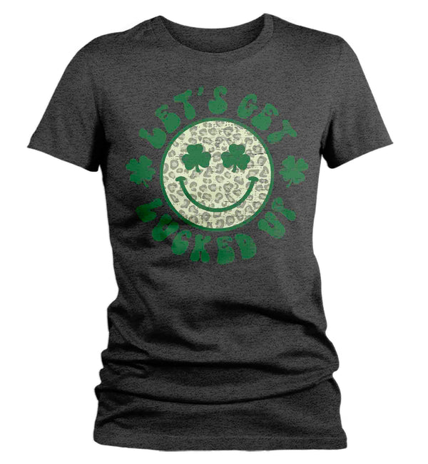 Women's Funny St. Patrick's Day Shirt Let's Get Lucked Up Clover Lucky Patty's Irish Retro Smiley Face Luck Ireland Ladies Woman-Shirts By Sarah