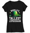 Women's V-Neck Funny St. Patrick's Day Shirt World's Tallest Leprechaun Watercolor Hat Patty's Irish Clover Vintage Grunge Ireland Ladies