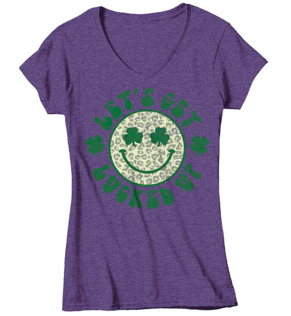 Women's V-Neck Funny St. Patrick's Day Shirt Let's Get Lucked Up Clover Lucky Patty's Irish Retro Smiley Face Luck Ireland Ladies WomanCopy of 00 Women's V-Neck-Shirts By Sarah