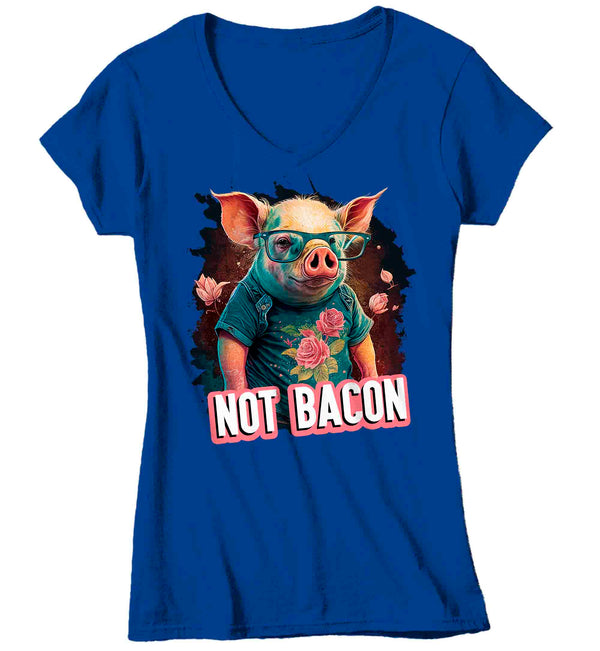 Women's V-Neck Funny Pig Shirt Not Bacon T Shirt Hipster Piggy Vegan Gift Animal Rights Cute Pig In Clothes Streetwear Tee Ladies-Shirts By Sarah