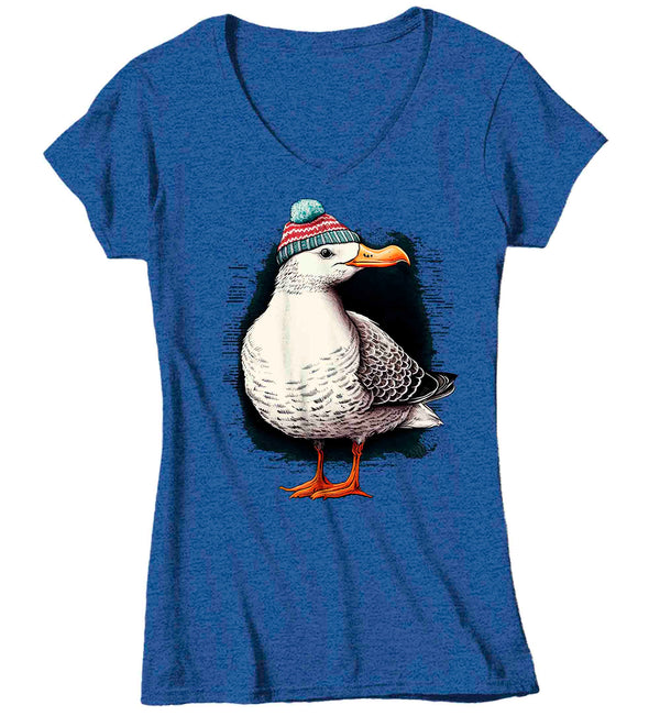 Women's V-Neck Funny Seagull Shirt Hipster T Shirt Bird Knit Beanie Gift Sailor Nautical Sail Seaside Ocean Graphic Tee Ladies-Shirts By Sarah