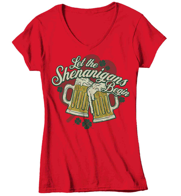 Women's V-Neck Funny Shenanigans Shirt St. Patrick's Day T Shirt Begin Beer Mugs Cheers Party Tshirt Graphic Tee Streetwear Ladies-Shirts By Sarah