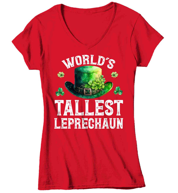 Women's V-Neck Funny St. Patrick's Day Shirt World's Tallest Leprechaun Watercolor Hat Patty's Irish Clover Vintage Grunge Ireland Ladies-Shirts By Sarah